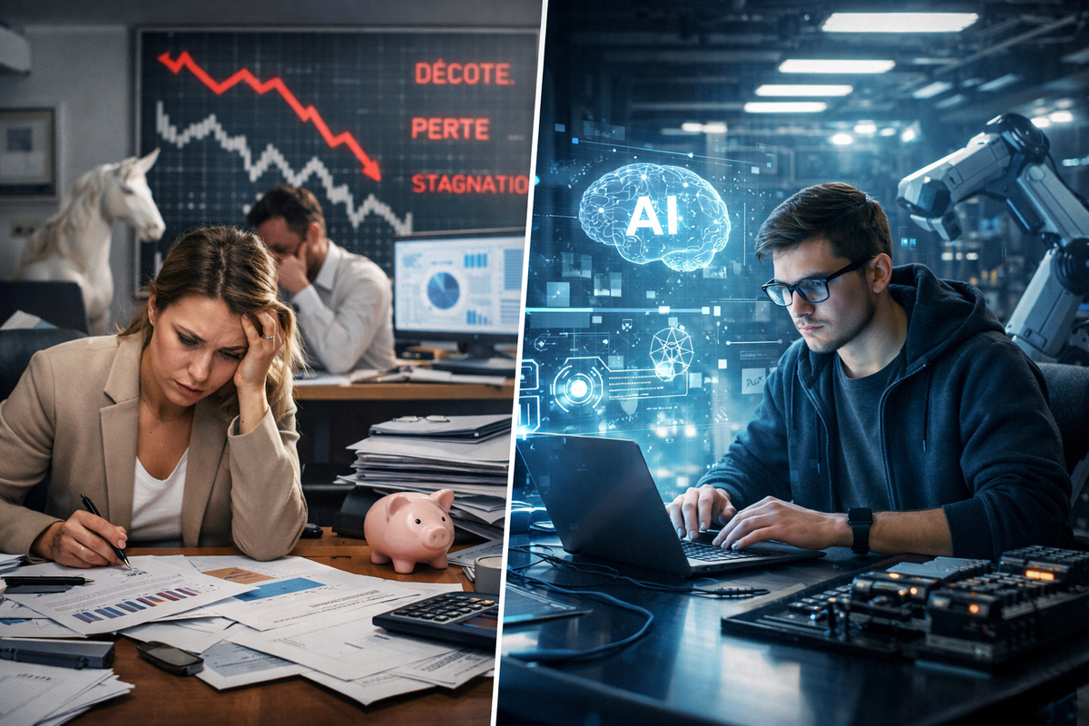 Illustration éditoriale en format paysage montrant la pression sur les licornes françaises face à l’essor de l’intelligence artificielle : à gauche, une dirigeante en difficulté dans un bureau avec graphiques de décote et baisse de valorisation ; à droite, un professionnel travaille avec des outils IA et d’automatisation dans un environnement technologique moderne.