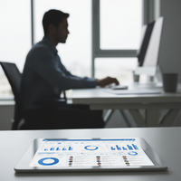 Illustration d'un professionnel utilisant LinkedIn Sales Navigator sur une tablette, avec des graphiques de croissance et des icônes de réseau, symbolisant la prospection augmentée pour les PME en 2026.