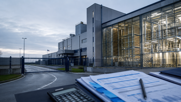 Usine industrielle d’Ÿnsect à l’arrêt, avec équipements de production visibles et documents financiers au premier plan.
