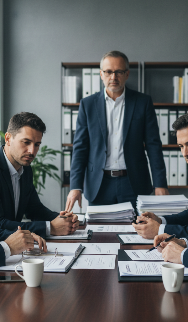 Gros plan sur des mains serrant un stylo au-dessus de documents juridiques, symbolisant la résolution d'un contentieux commercial PME.