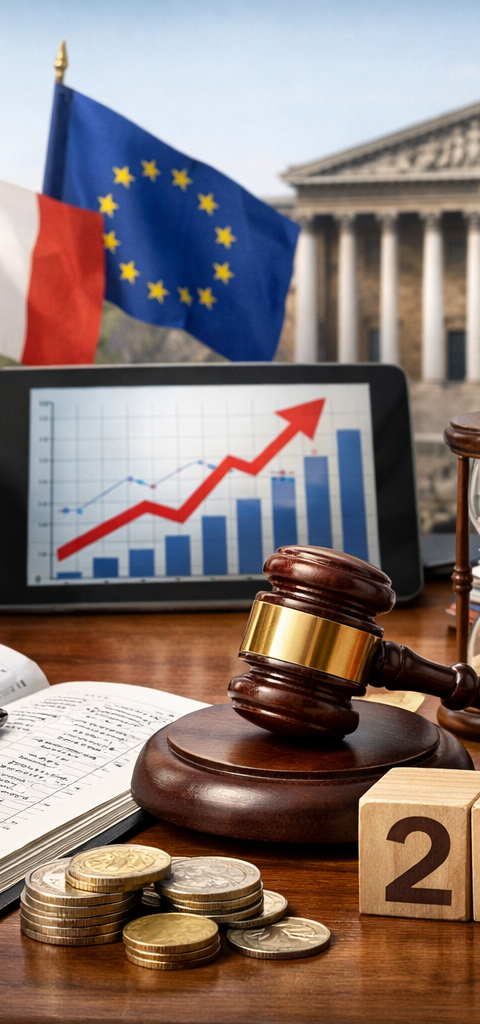 Illustration éditoriale réaliste représentant la loi de finances 2026 en France, avec bureau institutionnel, pièces et billets en euros, marteau de justice, dossiers administratifs, graphiques économiques, drapeaux français et européen, et bâtiment parlementaire en arrière-plan. Image générée par IA, style presse professionnel, sans texte.