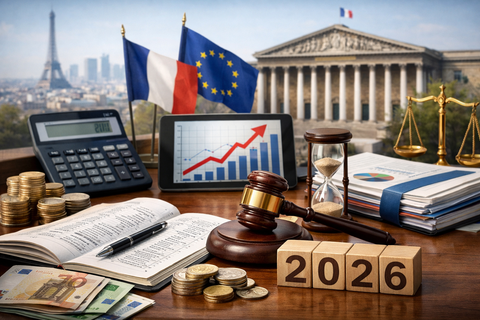 Illustration éditoriale réaliste représentant la loi de finances 2026 en France, avec bureau institutionnel, pièces et billets en euros, marteau de justice, dossiers administratifs, graphiques économiques, drapeaux français et européen, et bâtiment parlementaire en arrière-plan. Image générée par IA, style presse professionnel, sans texte.