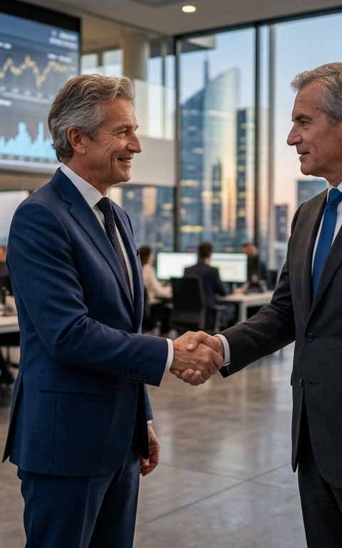 Graphique illustrant la corrélation entre la baisse des taux d'intérêt et l'augmentation des opérations de M&A PME, avec des flèches montantes symbolisant la croissance externe et la reprise du marché.