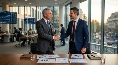 Illustration de deux engrenages s'emboîtant, symbolisant la fusion-acquisition (M&A PME croissance), avec des flèches de croissance et des points d'interrogation sur les risques.