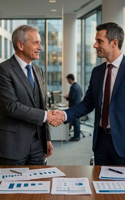 Illustration de deux engrenages s'emboîtant, symbolisant la fusion-acquisition (M&A PME croissance), avec des flèches de croissance et des points d'interrogation sur les risques.