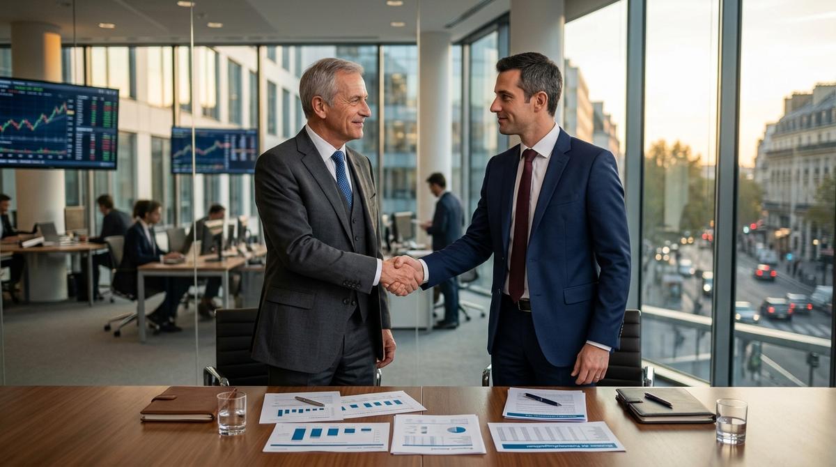 Illustration de deux engrenages s'emboîtant, symbolisant la fusion-acquisition (M&A PME croissance), avec des flèches de croissance et des points d'interrogation sur les risques.