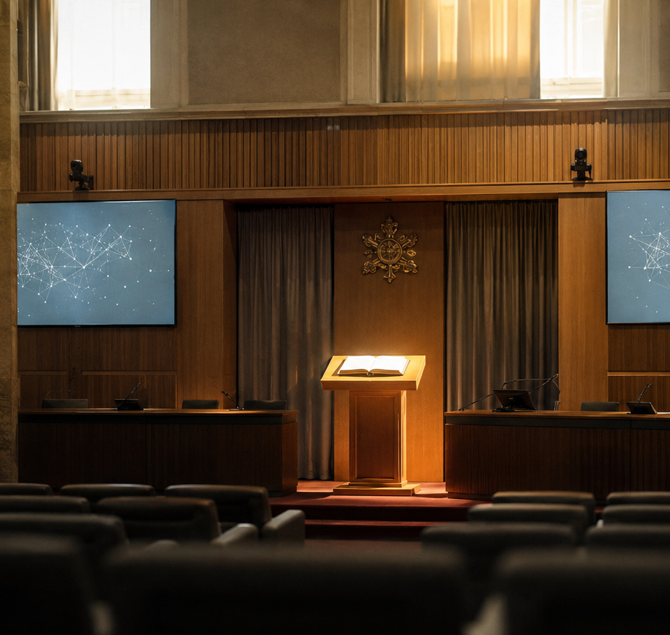 Salle du Synode au Vatican lors de la présentation officielle de l'encyclique Magnifica Humanitas du pape Léon XIV sur l'intelligence artificielle, le 25 mai 2026.