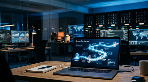 Illustration d'une intelligence artificielle guidant un utilisateur à travers un parcours d'onboarding personnalisé sur une interface SaaS, symbolisant la réduction du churn grâce à l'IA.