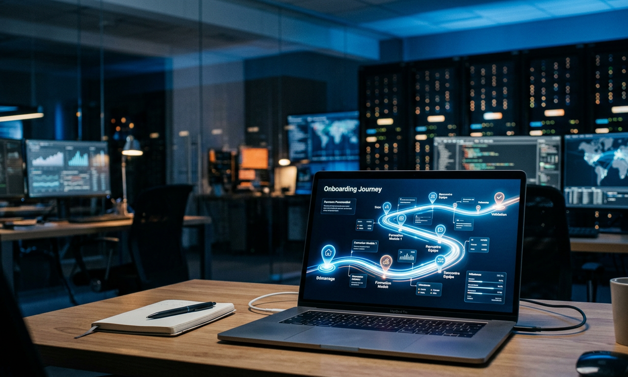 Illustration d'une intelligence artificielle guidant un utilisateur à travers un parcours d'onboarding personnalisé sur une interface SaaS, symbolisant la réduction du churn grâce à l'IA.
