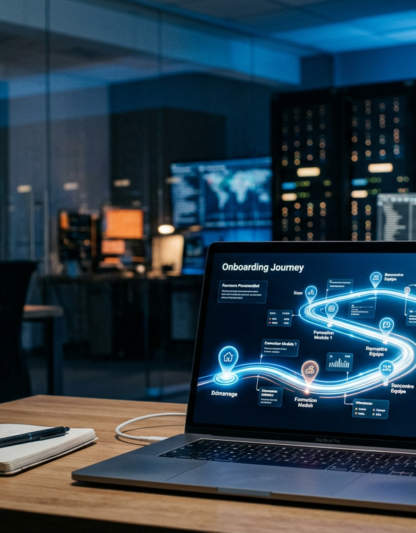 Illustration d'une intelligence artificielle guidant un utilisateur à travers un parcours d'onboarding personnalisé sur une interface SaaS, symbolisant la réduction du churn grâce à l'IA.