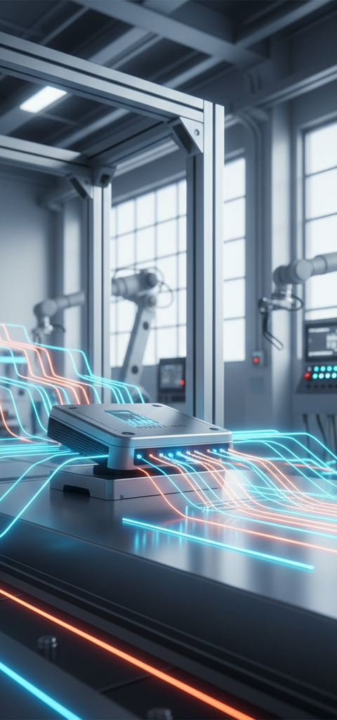 Capteur IoT sur machine industrielle, symbolisant la maintenance prédictive par IA pour les PME industrielles.