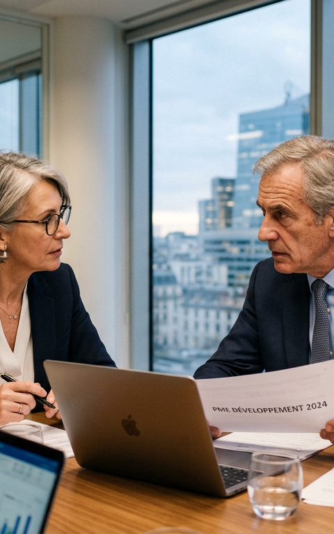 Un manager de transition, symbolisé par une flèche montante, guide une équipe de PME vers l'accélération et la réussite stratégique.