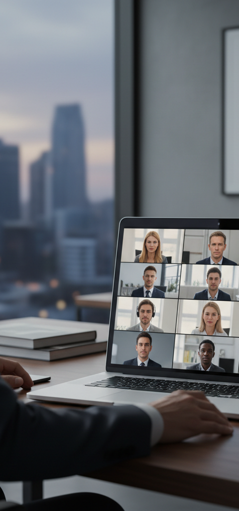 Illustration d'un dirigeant de PME souriant, gérant son équipe à distance via une visioconférence, symbolisant un management distance PME réussi et confiant.
