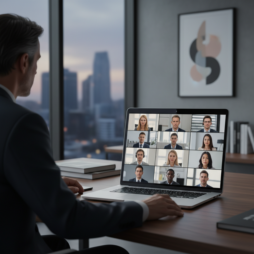 Illustration d'un dirigeant de PME souriant, gérant son équipe à distance via une visioconférence, symbolisant un management distance PME réussi et confiant.