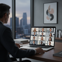 Illustration d'un dirigeant de PME souriant, gérant son équipe à distance via une visioconférence, symbolisant un management distance PME réussi et confiant.