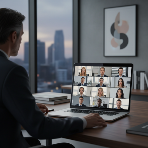 Illustration d'un dirigeant de PME souriant, gérant son équipe à distance via une visioconférence, symbolisant un management distance PME réussi et confiant.