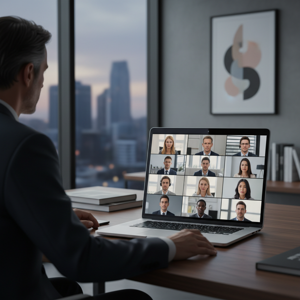 Illustration d'un dirigeant de PME souriant, gérant son équipe à distance via une visioconférence, symbolisant un management distance PME réussi et confiant.