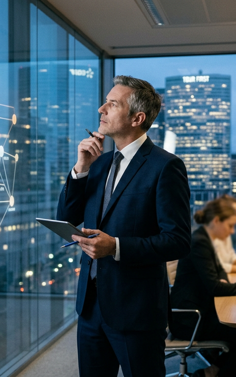 Un dirigeant naviguant sur un écran tactile complexe, symbolisant le Management des normes et des réseaux professionnels entrelacés.