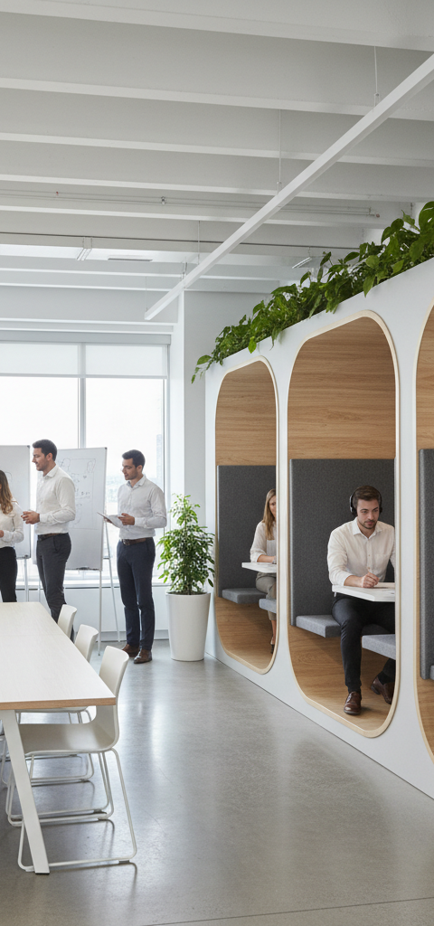 Illustration d'une équipe diversifiée travaillant de manière collaborative, à la fois au bureau et à distance, symbolisant le management hybride PME réussi en 2026.