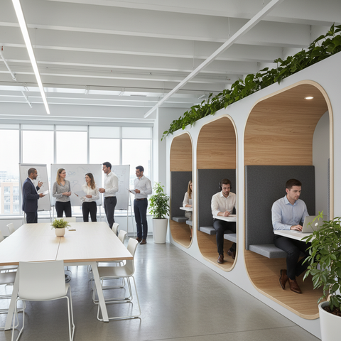 Illustration d'une équipe diversifiée travaillant de manière collaborative, à la fois au bureau et à distance, symbolisant le management hybride PME réussi en 2026.