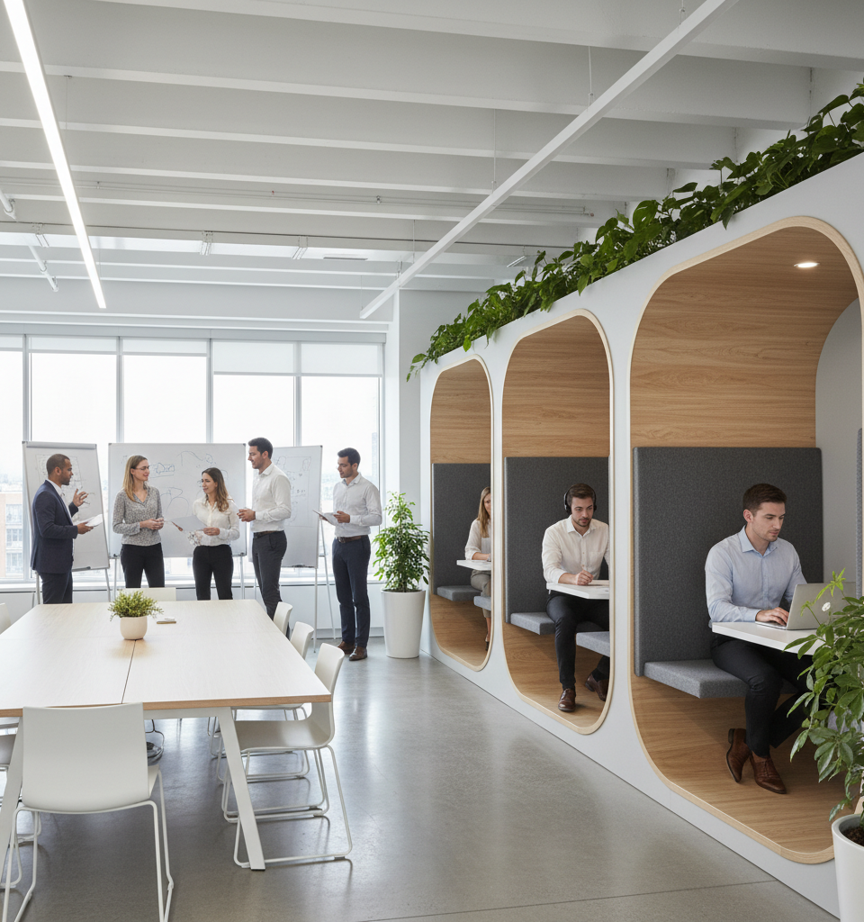 Illustration d'une équipe diversifiée travaillant de manière collaborative, à la fois au bureau et à distance, symbolisant le management hybride PME réussi en 2026.