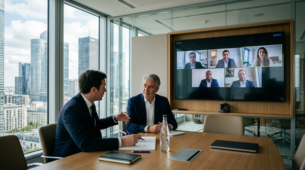 Illustration d'une équipe de PME travaillant en mode hybride, avec des personnes en présentiel et d'autres en visioconférence, symbolisant les défis du management hybride PME et l'intervention de Bpifrance pour améliorer la productivité.