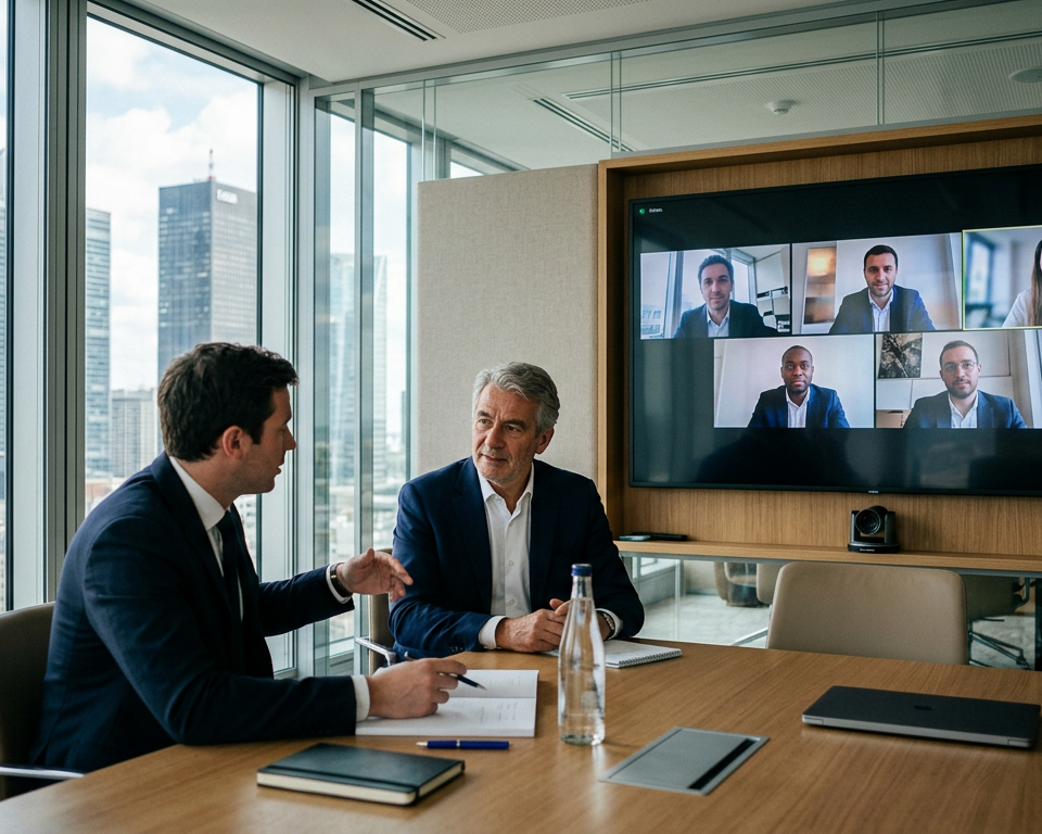 Illustration d'une équipe de PME travaillant en mode hybride, avec des personnes en présentiel et d'autres en visioconférence, symbolisant les défis du management hybride PME et l'intervention de Bpifrance pour améliorer la productivité.