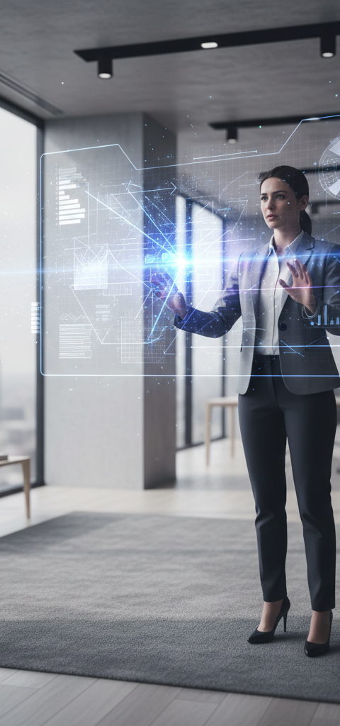 Un manager augmenté interagissant avec des interfaces futuristes, symbolisant le management IA 2026 et la réinvention des KPIs.