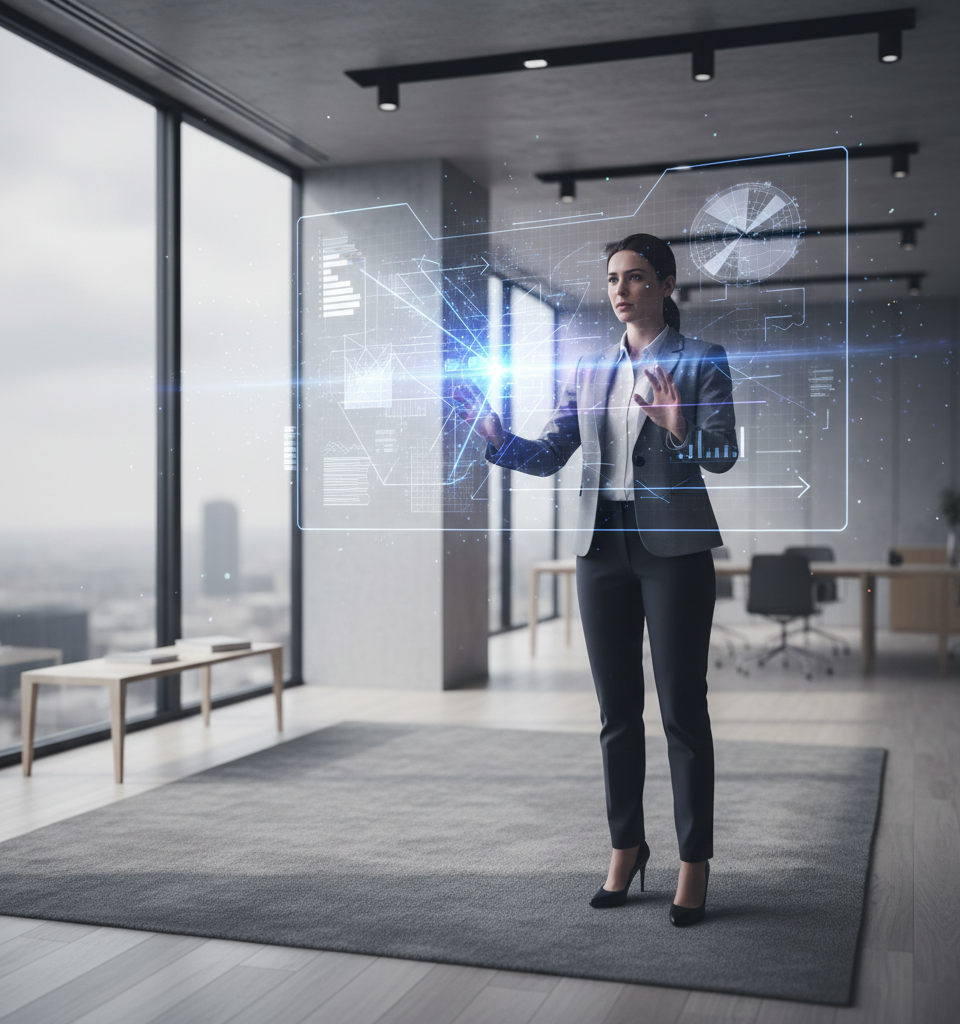 Un manager augmenté interagissant avec des interfaces futuristes, symbolisant le management IA 2026 et la réinvention des KPIs.