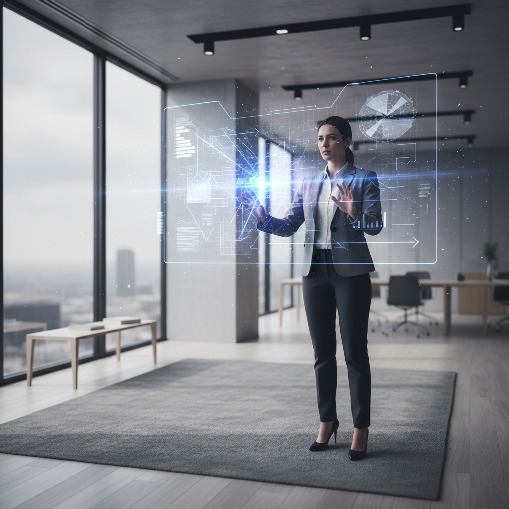 Un manager augmenté interagissant avec des interfaces futuristes, symbolisant le management IA 2026 et la réinvention des KPIs.