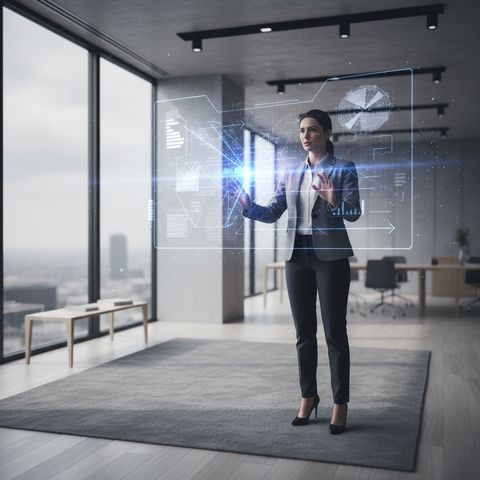 Un manager augmenté interagissant avec des interfaces futuristes, symbolisant le management IA 2026 et la réinvention des KPIs.