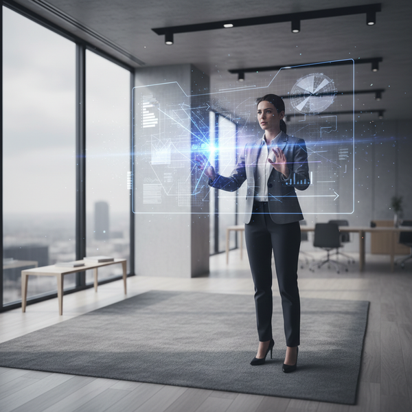 Un manager augmenté interagissant avec des interfaces futuristes, symbolisant le management IA 2026 et la réinvention des KPIs.