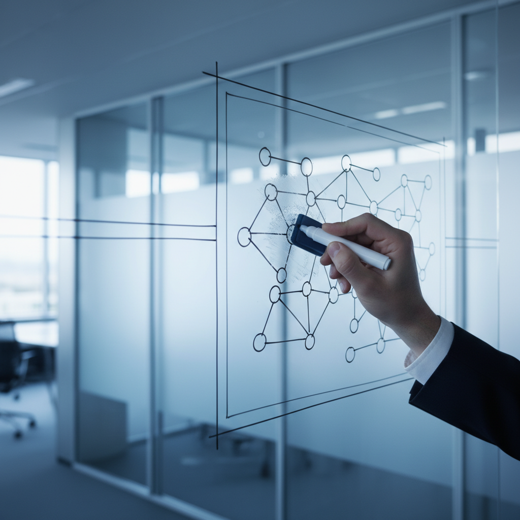 Illustration futuriste d'une PME avec des robots assistant des employés, symbolisant la transformation du Management IA PME et l'aplatissement hiérarchique en 2026.