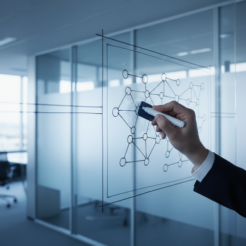 Illustration futuriste d'une PME avec des robots assistant des employés, symbolisant la transformation du Management IA PME et l'aplatissement hiérarchique en 2026.