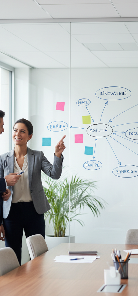 Illustration d'une équipe de PME avec un manager intermédiaire facilitant la communication et l'agilité, symbolisant une structure organisationnelle efficace.