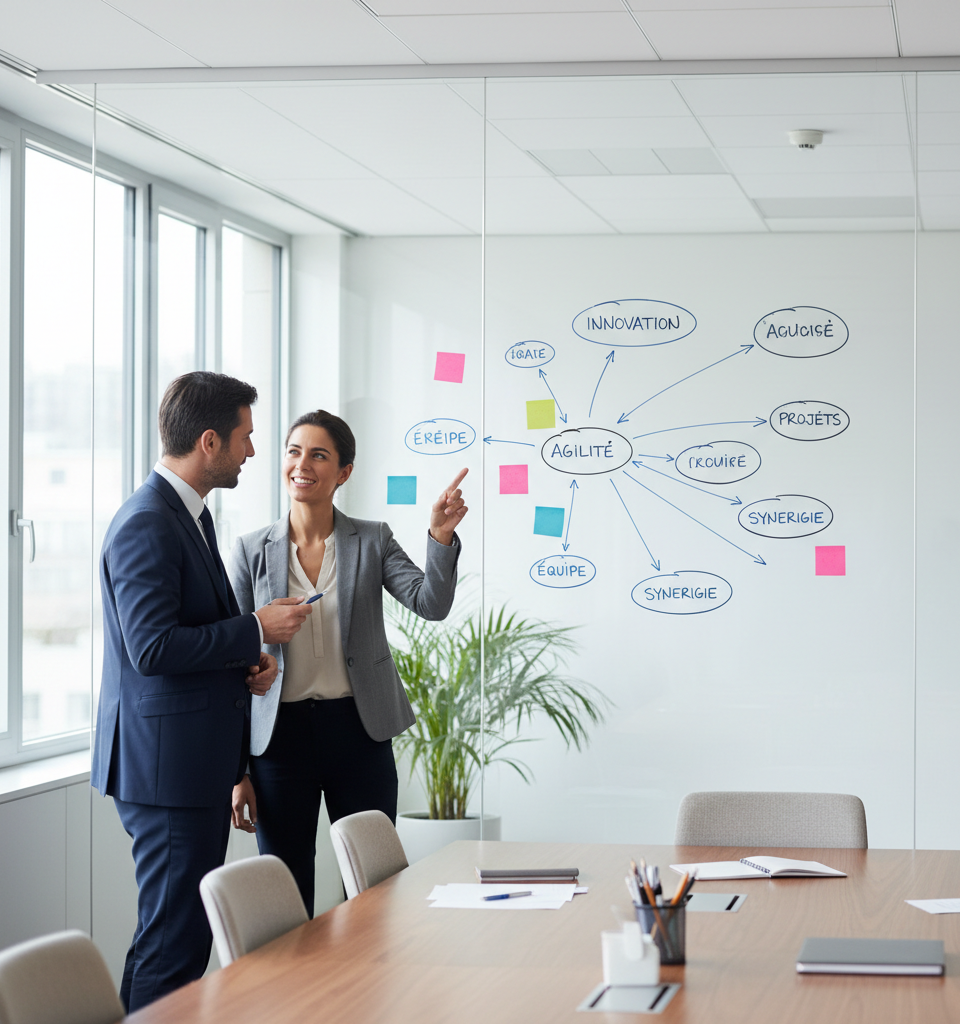 Illustration d'une équipe de PME avec un manager intermédiaire facilitant la communication et l'agilité, symbolisant une structure organisationnelle efficace.