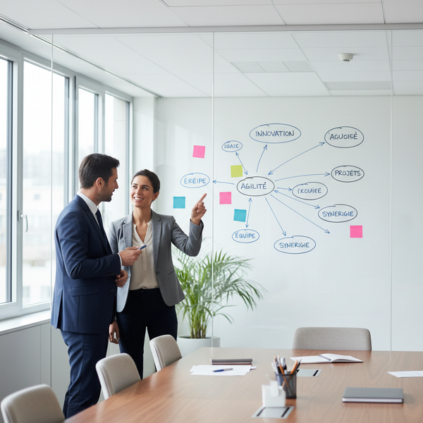 Illustration d'une équipe de PME avec un manager intermédiaire facilitant la communication et l'agilité, symbolisant une structure organisationnelle efficace.