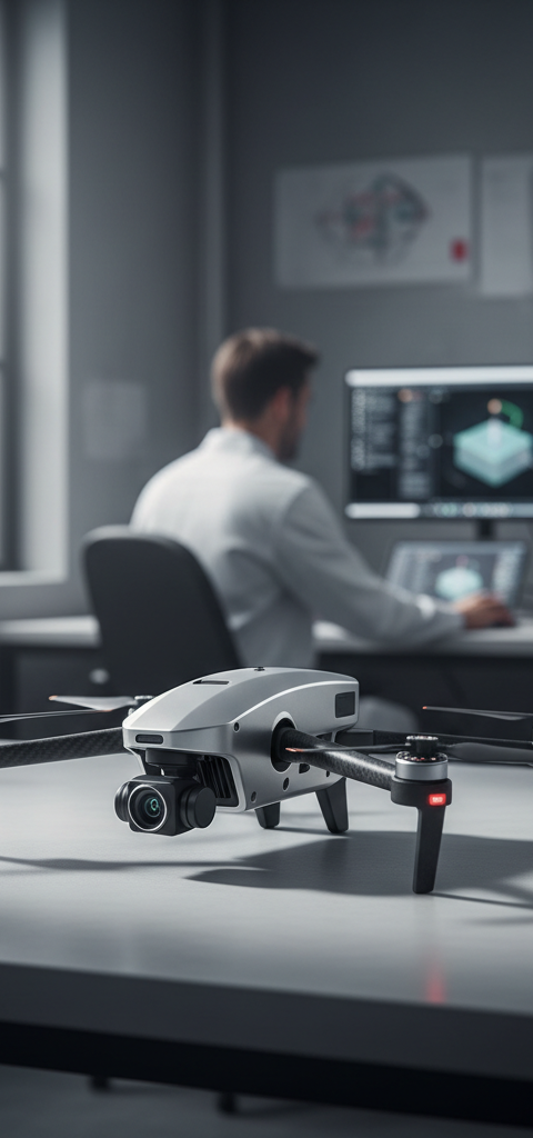Un drone de reconnaissance en milieu confiné, symbole des technologies duales, illustrant le succès d'une PME sur les marchés DGA PME.