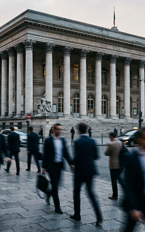 Graphique boursier du CAC 40 en hausse, contrastant avec des mains de travailleurs en arrière-plan, symbolisant la déconnexion entre les marchés financiers et l'économie réelle.