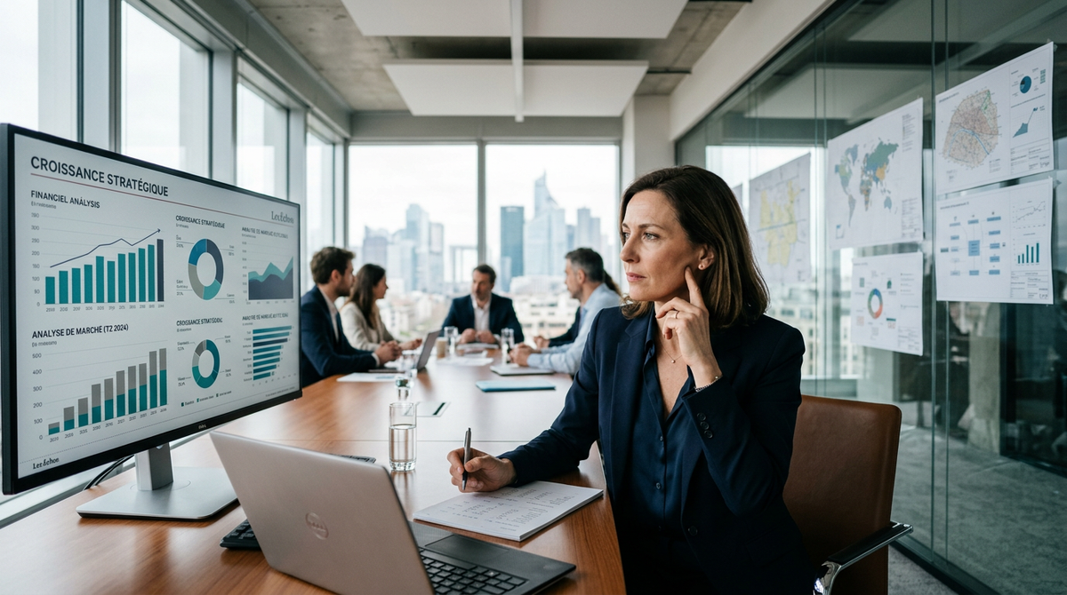 Graphique illustrant l'évolution des seuils des marchés publics 2026 avec des flèches montantes et des silhouettes de PME s'adaptant à ces changements, symbolisant les défis et opportunités.