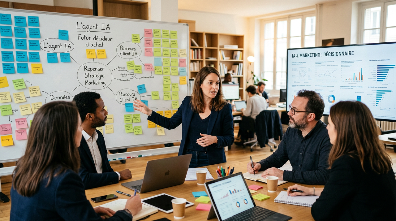 Schéma stratégique montrant un agent IA analysant des données structurées pour un achat B2M.