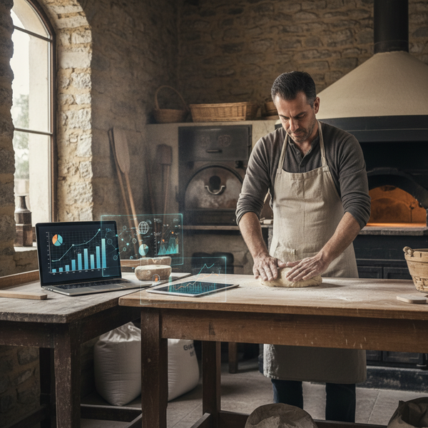 Un artisan travaillant dans son atelier, avec des éléments de marketing digital (tablette, graphiques) en arrière-plan, illustrant l'intégration du marketing digital pour les artisans en 2026.
