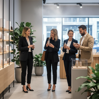 Une cliente souriante dans un point de vente moderne et élégant, bénéficiant d'une ambiance marketing sensoriel optimisée par la musique, le parfum et un design d'espace soigné.