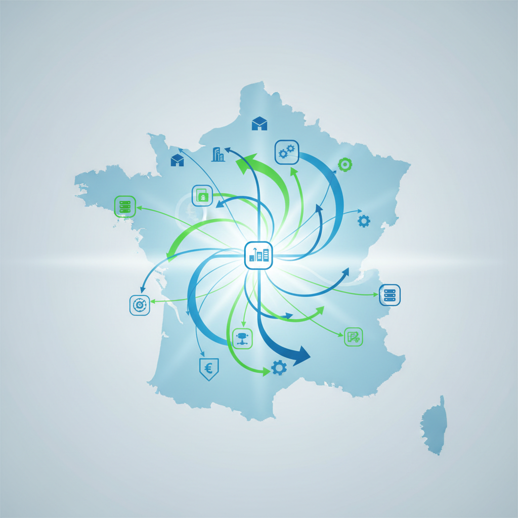 Illustration d'une marketplace B2B de niche avec des icônes d'entreprises interconnectées, symbolisant les effets réseau pour les PME françaises en 2026.