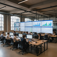 Illustration de graphiques financiers et logos de marketplaces (Amazon, Cdiscount, ManoMano) symbolisant la complexité et les opportunités d'une stratégie marketplace PME réussie.