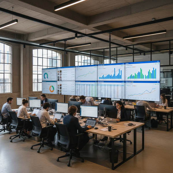 Illustration de graphiques financiers et logos de marketplaces (Amazon, Cdiscount, ManoMano) symbolisant la complexité et les opportunités d'une stratégie marketplace PME réussie.