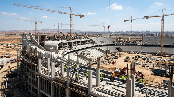Chantier du Grand Stade de Casablanca pour le Maroc Coupe du monde 2030.