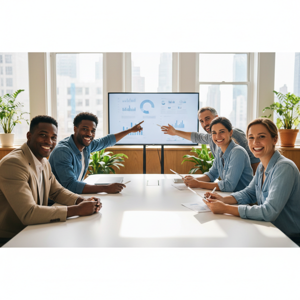 Une équipe de PME diverse et souriante, symbolisant une marque employeur forte et une culture d'entreprise authentique en 2026.