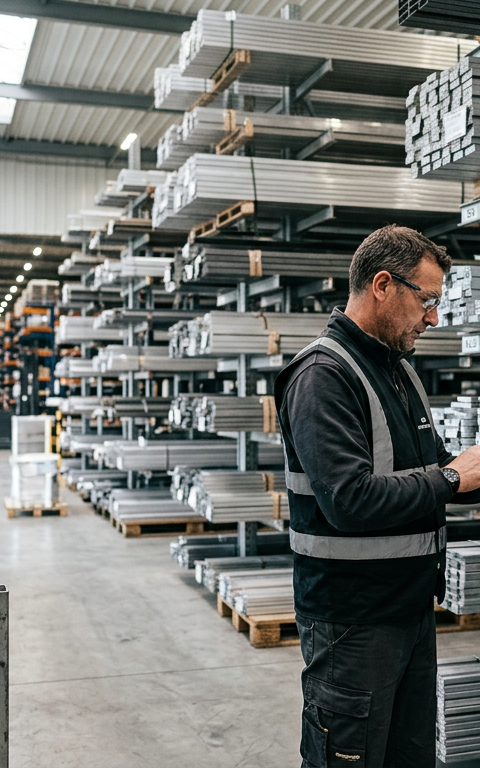 Illustration d'une main tenant des échantillons de matières premières PME (métaux, plastiques) avec un graphique boursier en arrière-plan, symbolisant la volatilité des prix et la gestion des risques pour les PME.