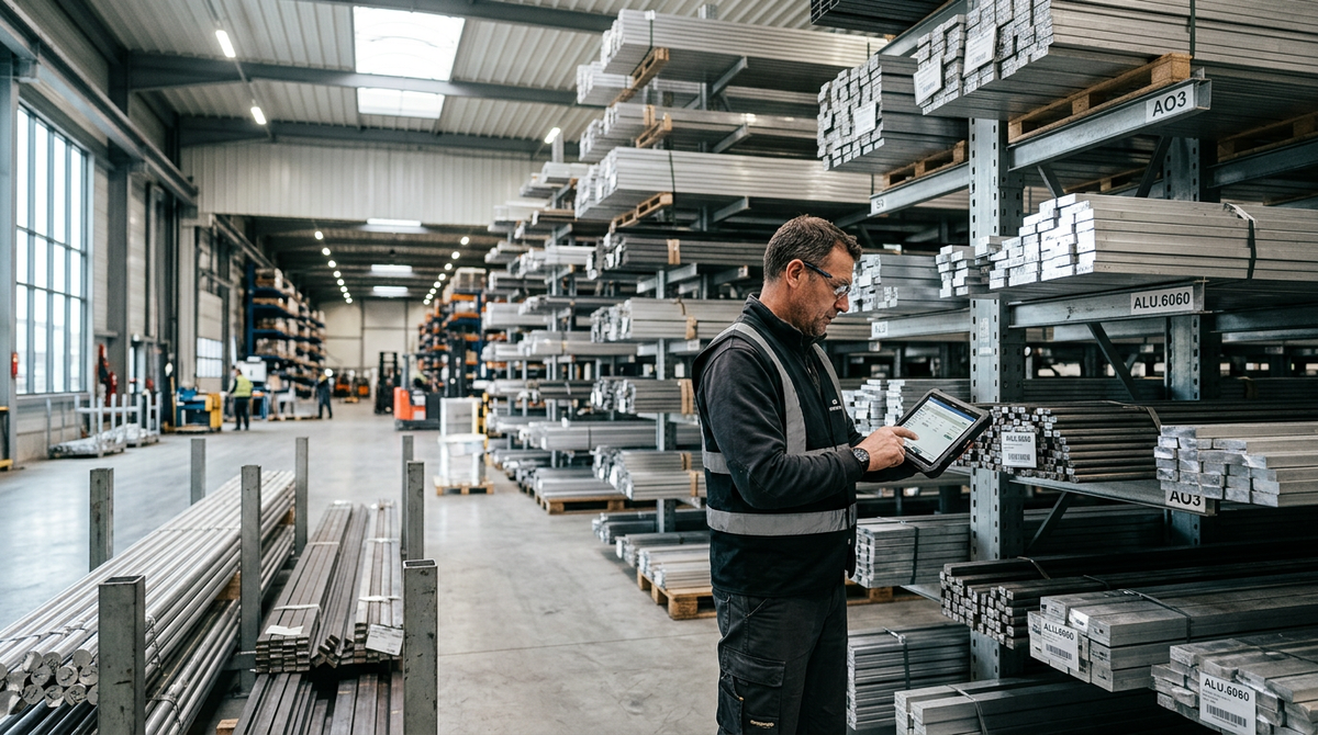 Illustration d'une main tenant des échantillons de matières premières PME (métaux, plastiques) avec un graphique boursier en arrière-plan, symbolisant la volatilité des prix et la gestion des risques pour les PME.